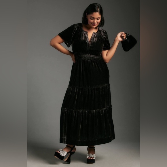 anthro black velvet dress Anthropologie Maeve Dress Womens XS Black Velvet Mini Puff Sleeve Whimsigoth NEW
